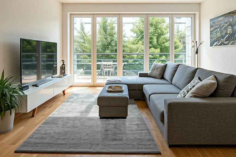 Image of a living room with windows, couch, rug, and TV on stand