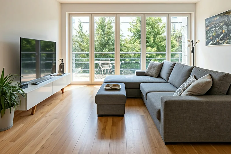 Image of a living room with windows, couch, and TV on stand