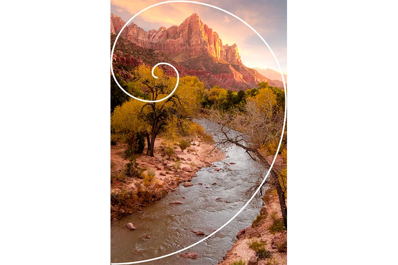 Graphic of the golden mean spiral overlayed on Zion National Park's Watchmen photograph