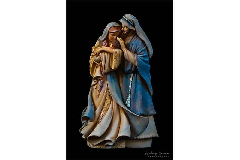 Professional quality fine art product photograph of a Holy Family Christmas figurine