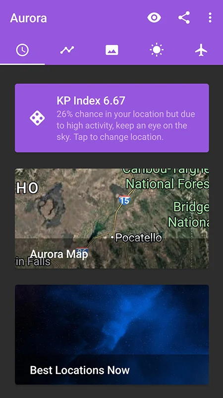 Screenshot of an aurora tracking app showing a KP Index of 6.67