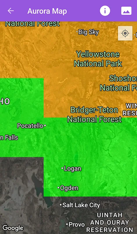 Screenshot of a closeup local view showing the band of likely aurora viewing in an aurora tracking app