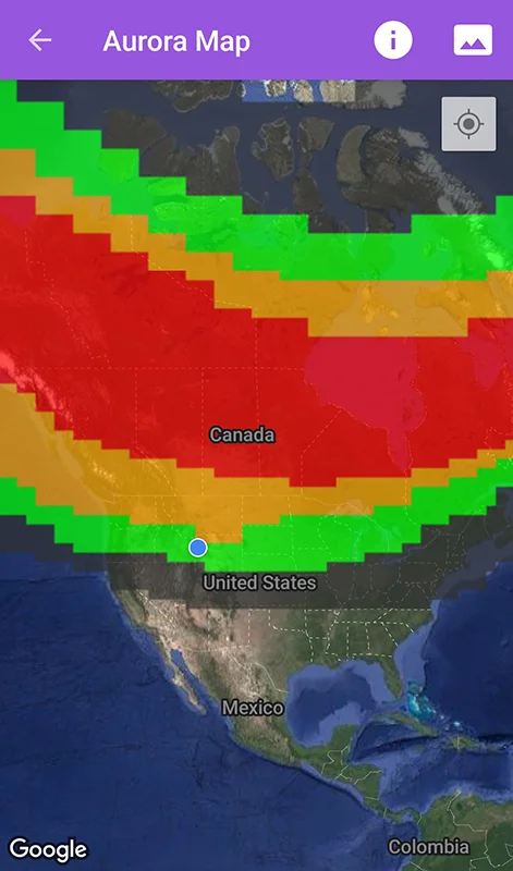 Screenshot of an aurora tracking app showing the band of likely aurora viewing over the continental United States
